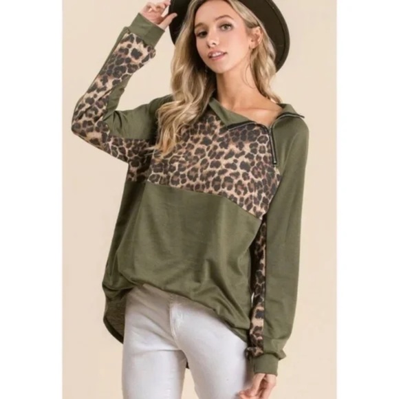 Olive Leopard Raglan Zipper Pullover Top - Picture 1 of 11
